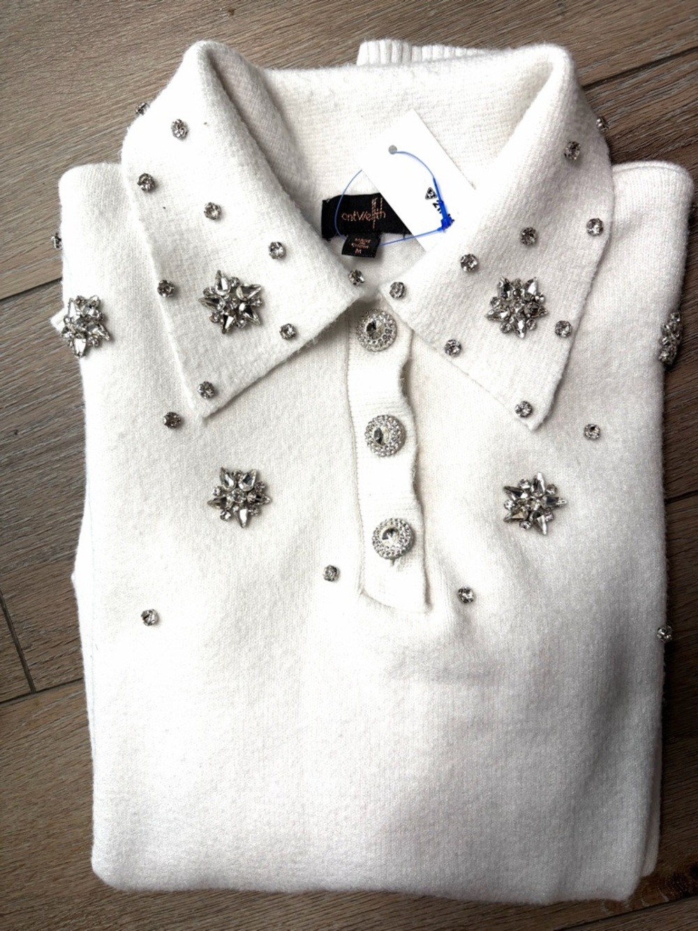 Embellished White Knit Polo Sweater